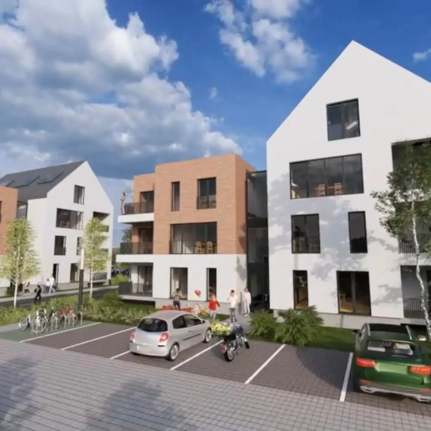 River Residence — bloc cu volum de cărămidă și fronton alb, vedere din stradă